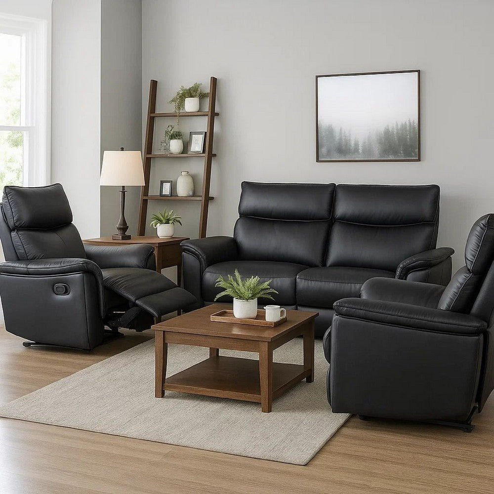 Benjara Lenne Manual Recliner Chair, Flared Padded Arms, Black Leather Match