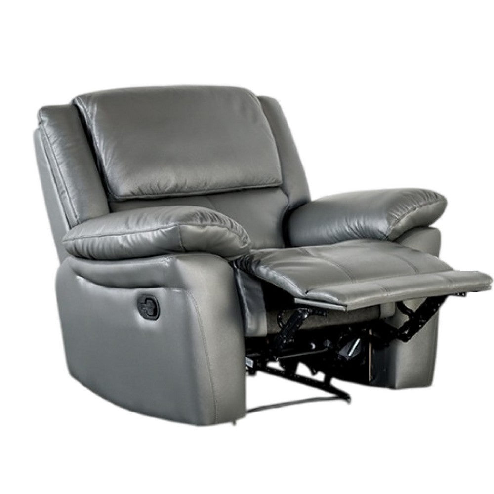 Benjara Larus Manual Recliner Chair, Pillow Top Arms, Dark Gray Leather Match
