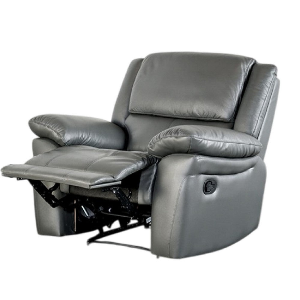 Benjara Larus Manual Recliner Chair, Pillow Top Arms, Dark Gray Leather Match