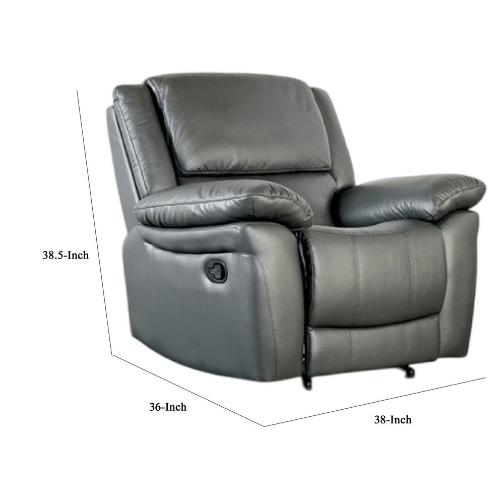 Benjara Larus Manual Recliner Chair, Pillow Top Arms, Dark Gray Leather Match