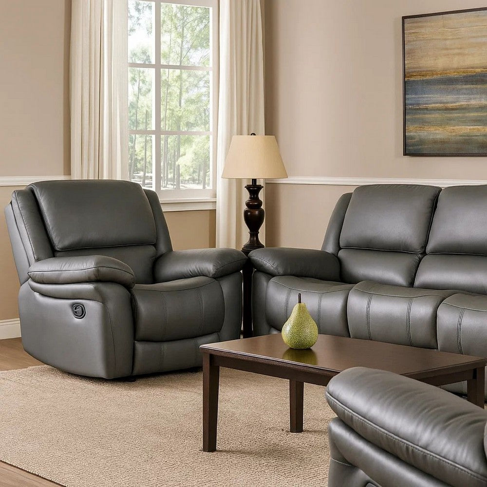 Benjara Larus Manual Recliner Chair, Pillow Top Arms, Dark Gray Leather Match
