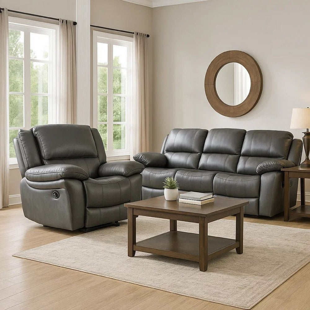 Benjara Larus Manual Recliner Chair, Pillow Top Arms, Dark Gray Leather Match