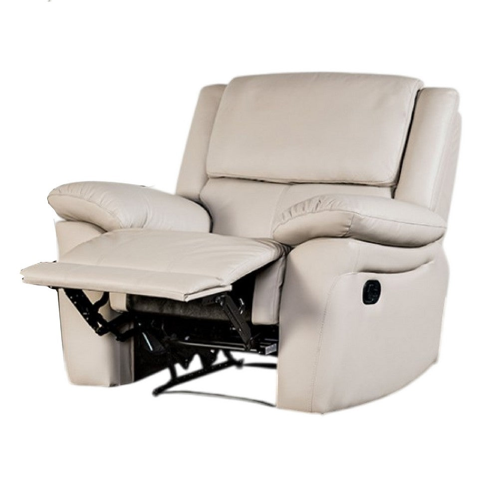 Benjara Larus Manual Recliner Chair, Pillow Top Arms, Off White Leather Match