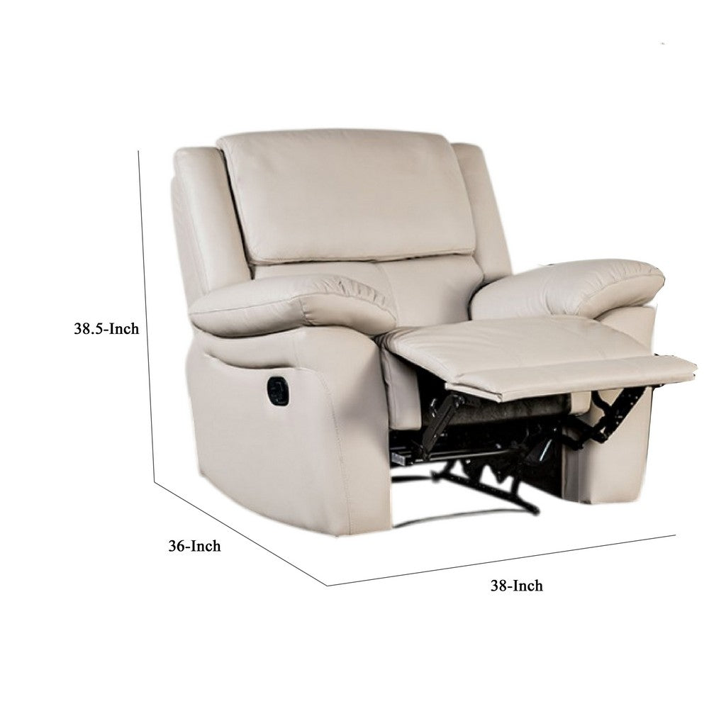 Benjara Larus Manual Recliner Chair, Pillow Top Arms, Off White Leather Match