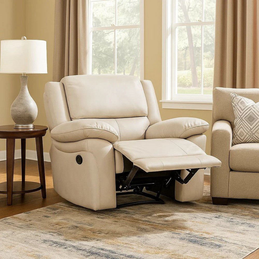 Benjara Larus Manual Recliner Chair, Pillow Top Arms, Off White Leather Match