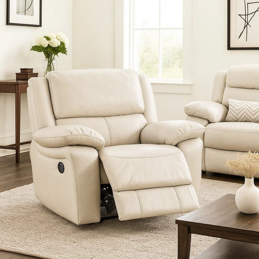 Benjara Larus Manual Recliner Chair, Pillow Top Arms, Off White Leather Match