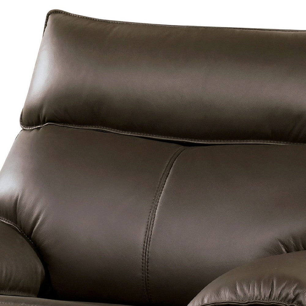 Benjara Ozy Manual Recliner Chair, Pillow Top Arms, Dark Brown Leather Match