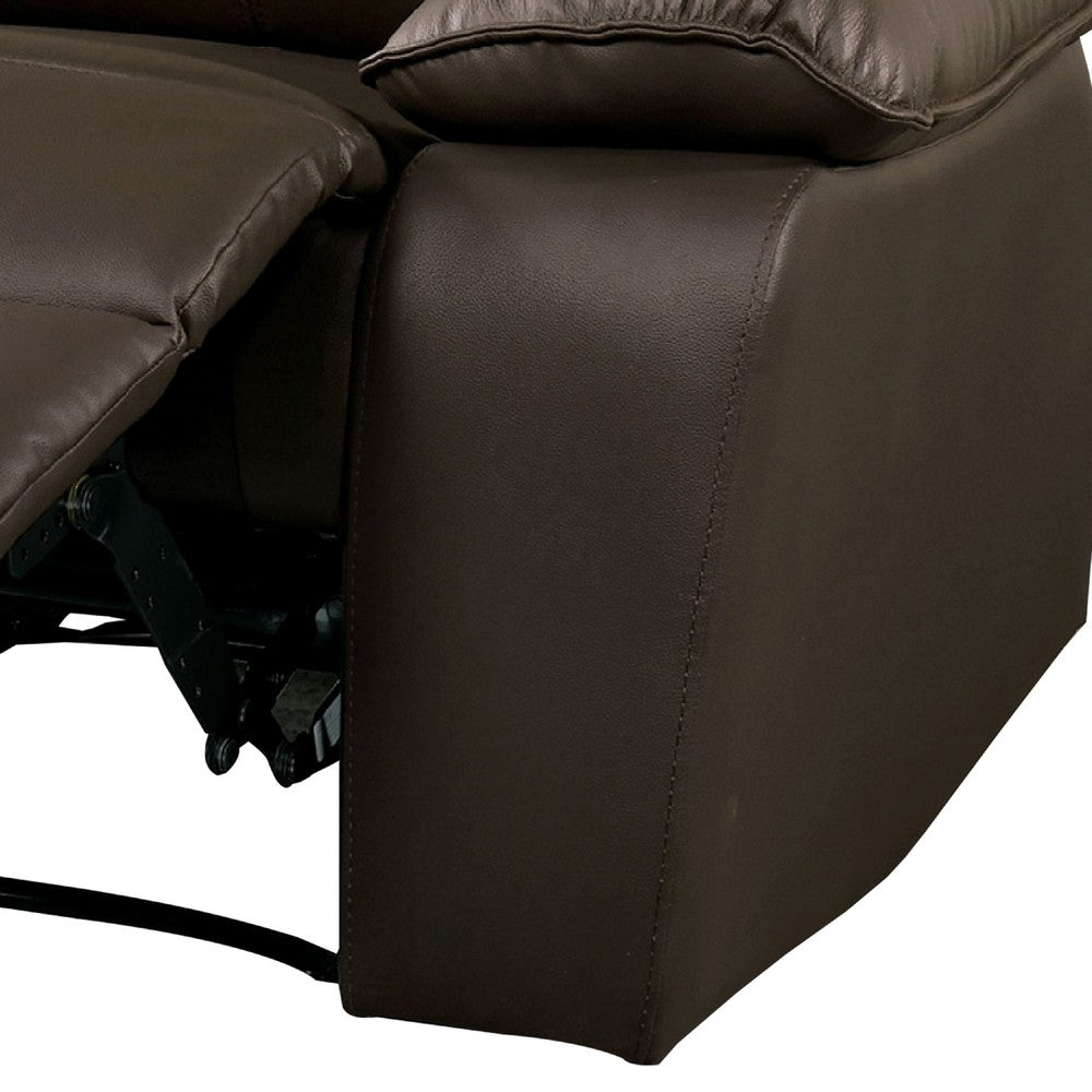Benjara Ozy Manual Recliner Chair, Pillow Top Arms, Dark Brown Leather Match