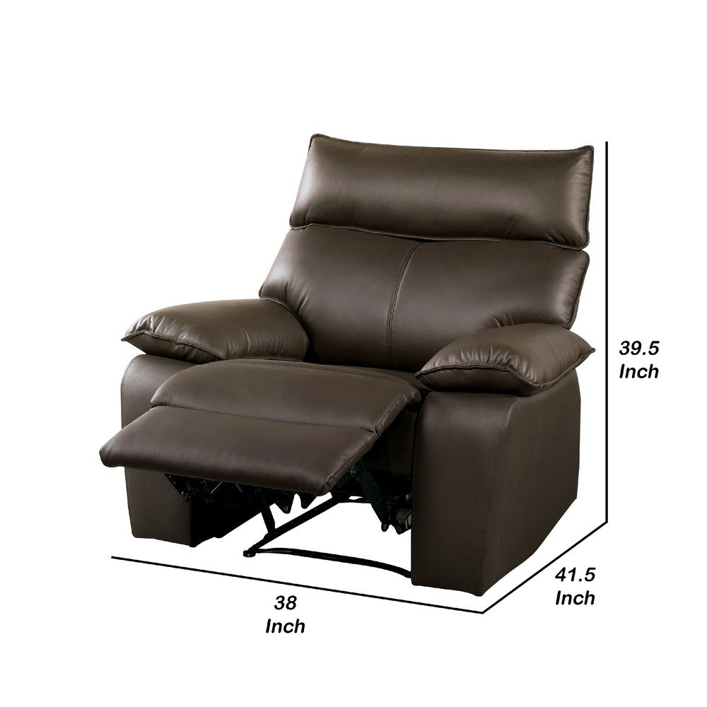 Benjara Ozy Manual Recliner Chair, Pillow Top Arms, Dark Brown Leather Match
