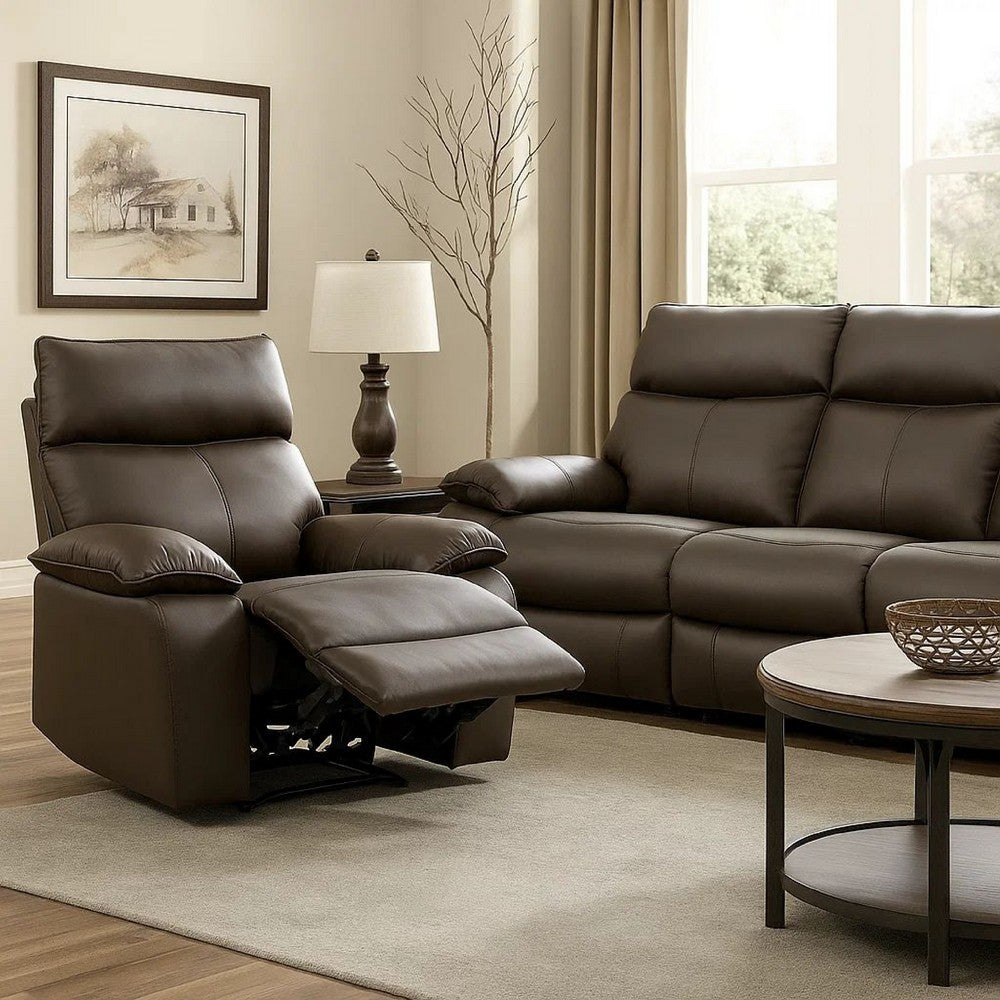Benjara Ozy Manual Recliner Chair, Pillow Top Arms, Dark Brown Leather Match