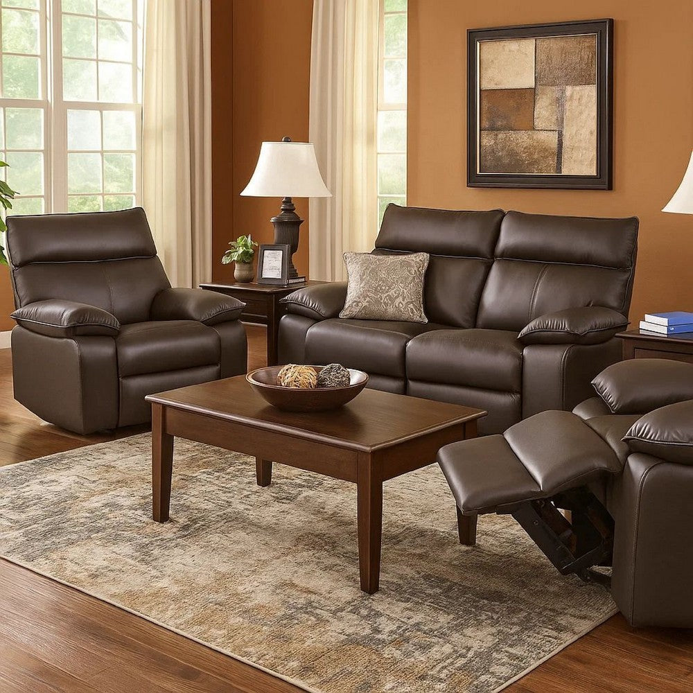 Benjara Ozy Manual Recliner Chair, Pillow Top Arms, Dark Brown Leather Match