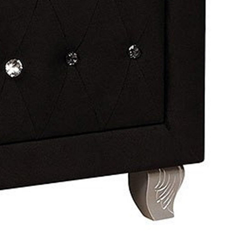 Benjara Rea Nightstand, 2 Drawers with Crystal Knobs, Black Velvet Upholstery