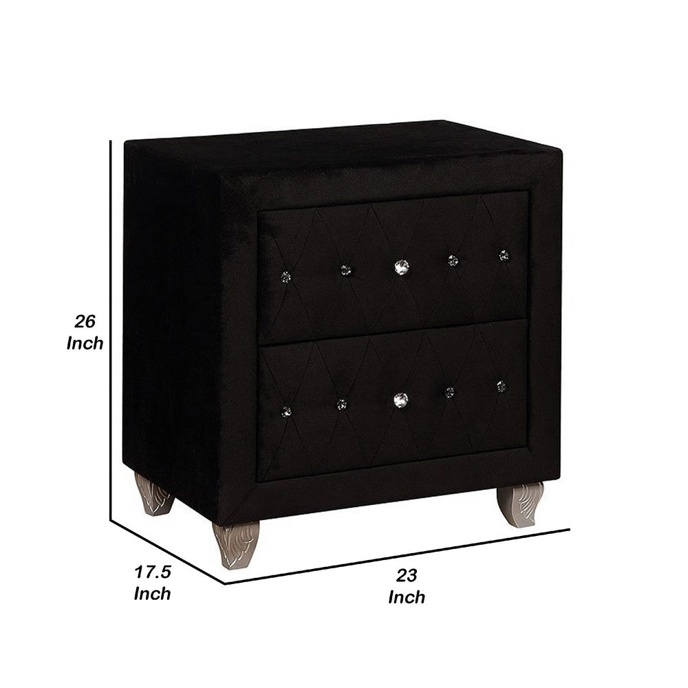 Benjara Rea Nightstand, 2 Drawers with Crystal Knobs, Black Velvet Upholstery