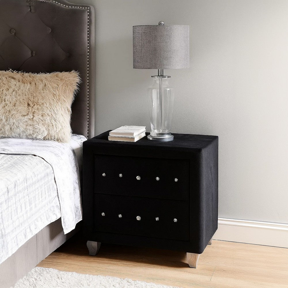 Benjara Rea Nightstand, 2 Drawers with Crystal Knobs, Black Velvet Upholstery