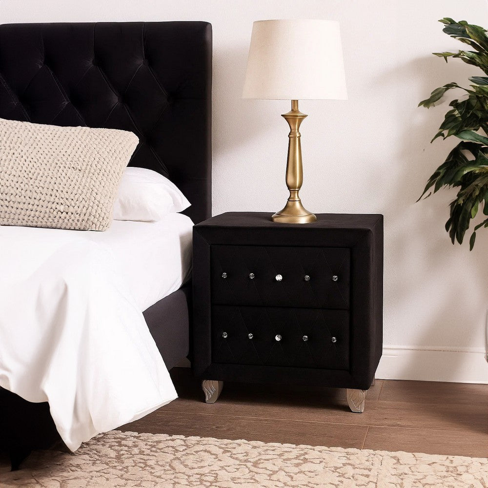 Benjara Rea Nightstand, 2 Drawers with Crystal Knobs, Black Velvet Upholstery