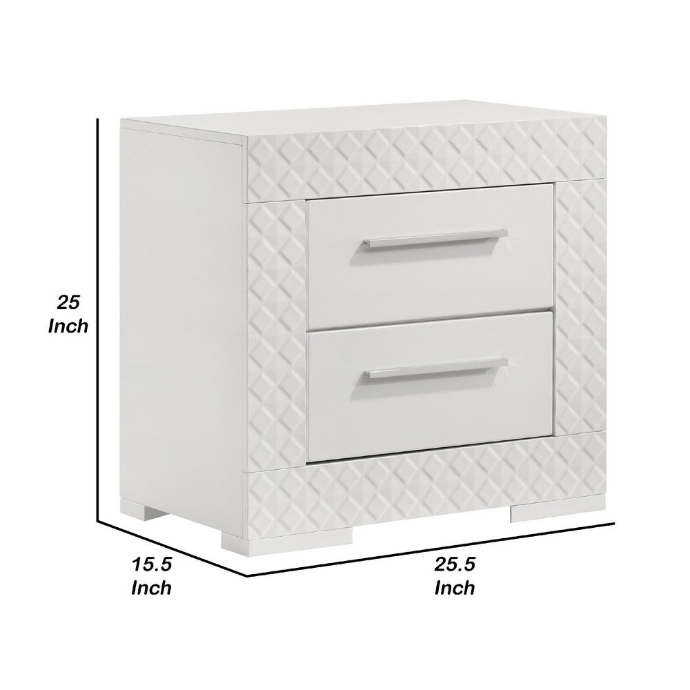 Benjara Dema 2 Drawer Nightstand, High Gloss White Textured Trim