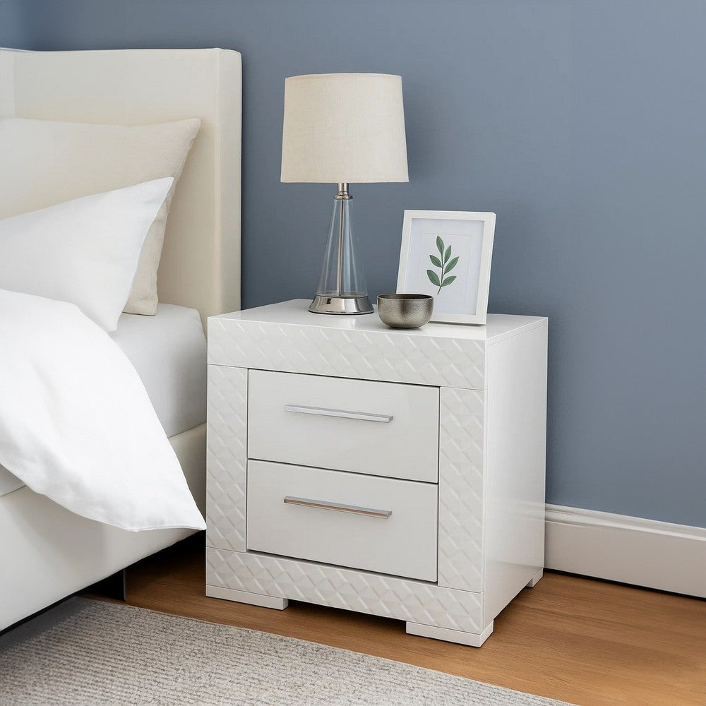 Benjara Dema 2 Drawer Nightstand, High Gloss White Textured Trim