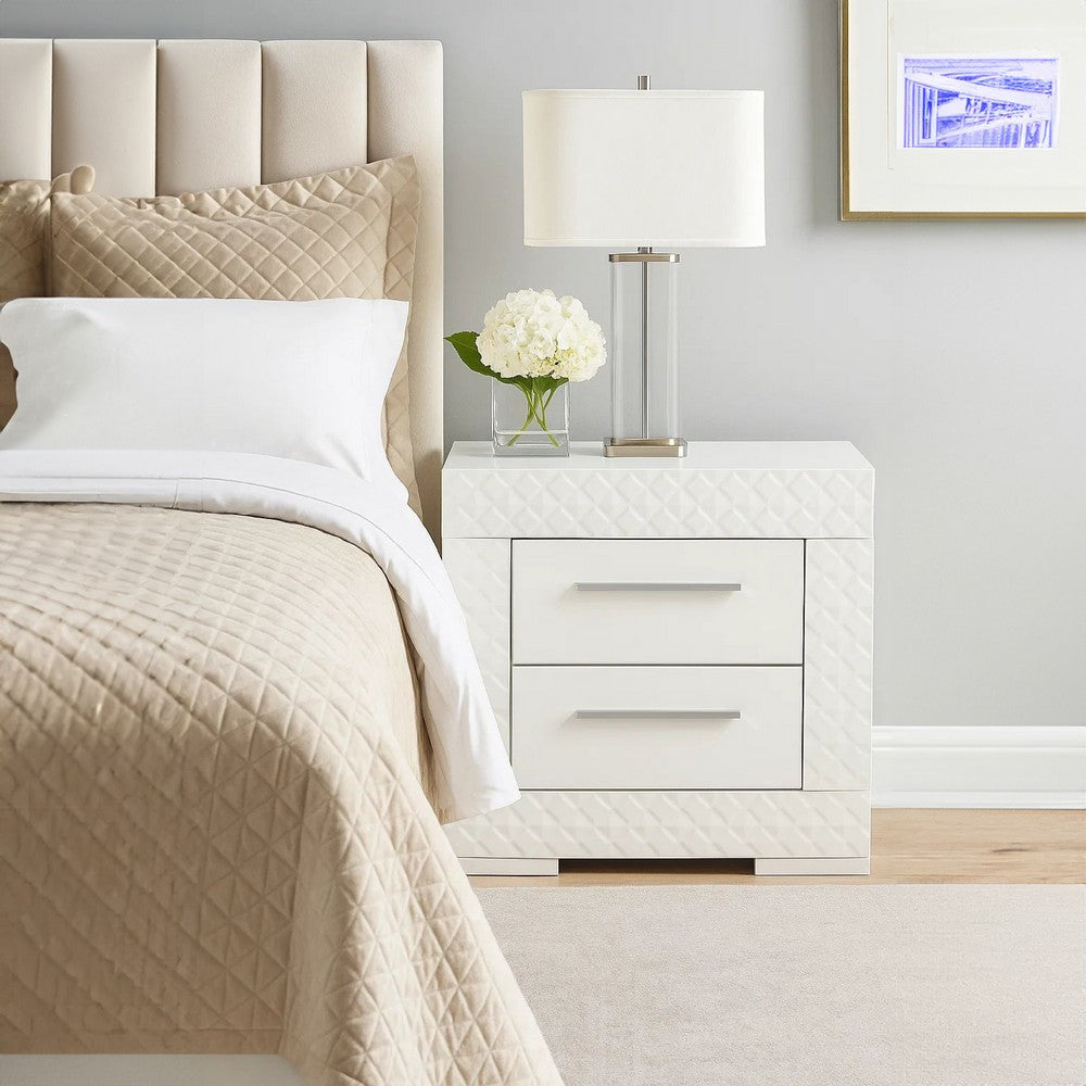 Benjara Dema 2 Drawer Nightstand, High Gloss White Textured Trim