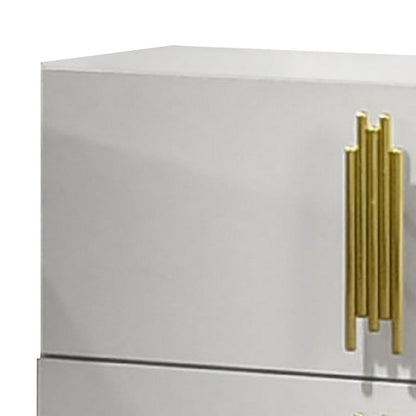 Benjara Dyl Nightstand, 2 Drawers with Gold Post Handles, White Melamine