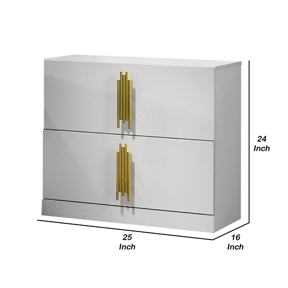 Benjara Dyl Nightstand, 2 Drawers with Gold Post Handles, White Melamine