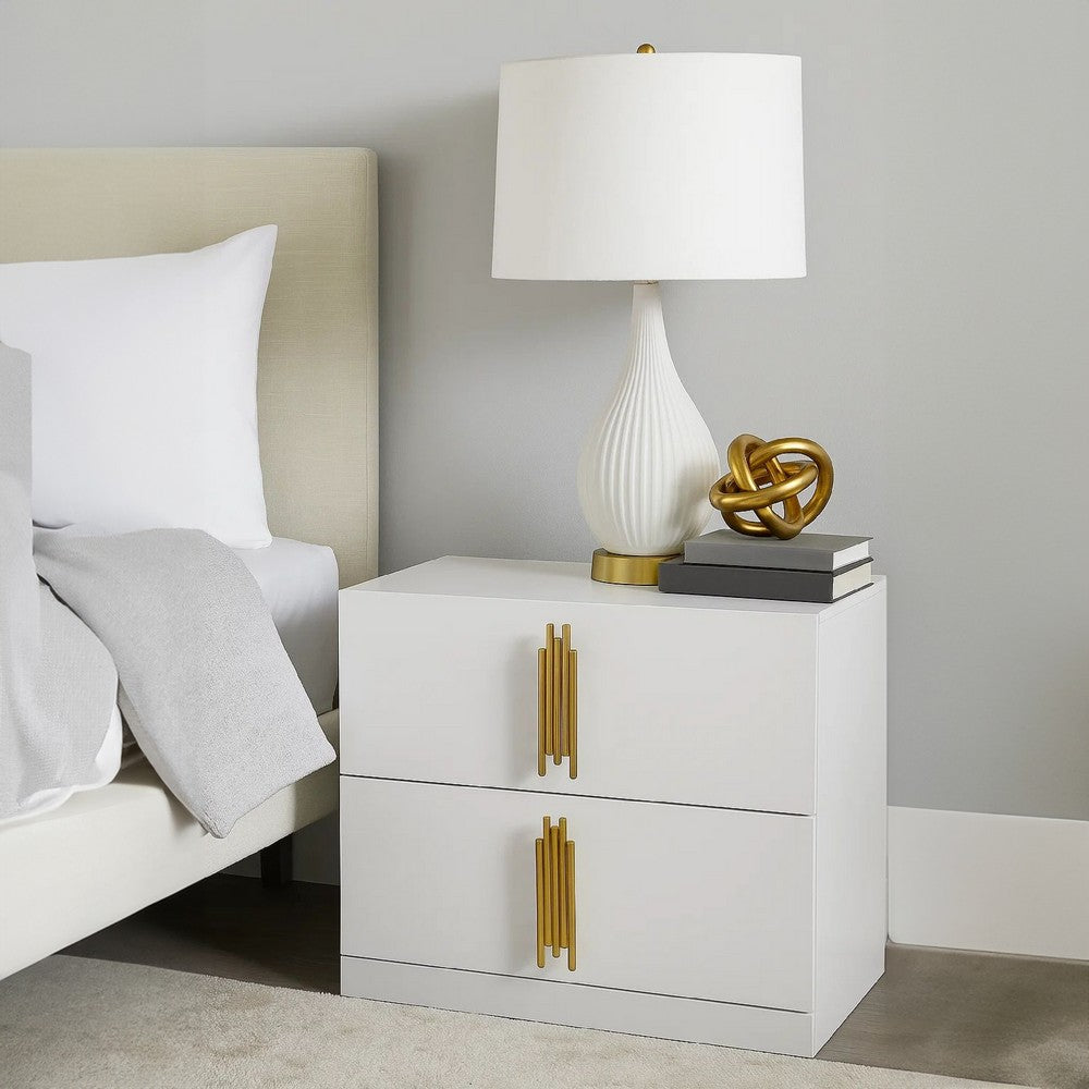 Benjara Dyl Nightstand, 2 Drawers with Gold Post Handles, White Melamine