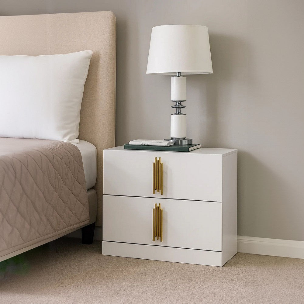 Benjara Dyl Nightstand, 2 Drawers with Gold Post Handles, White Melamine