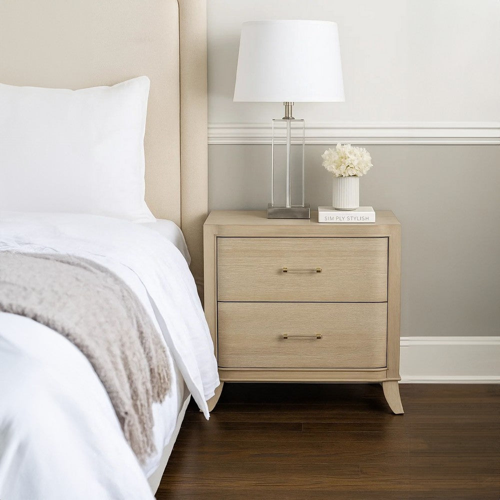 Benjara Fea Nightstand with USB Ports, 2 Drawers, Natural Oak Brown