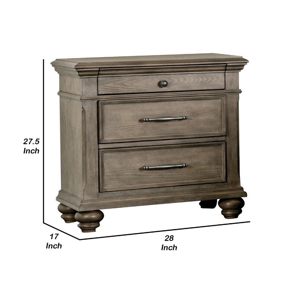 Benjara Zea Nightstand for Bedroom, 3 Drawers, Transitional Aged Oak Brown