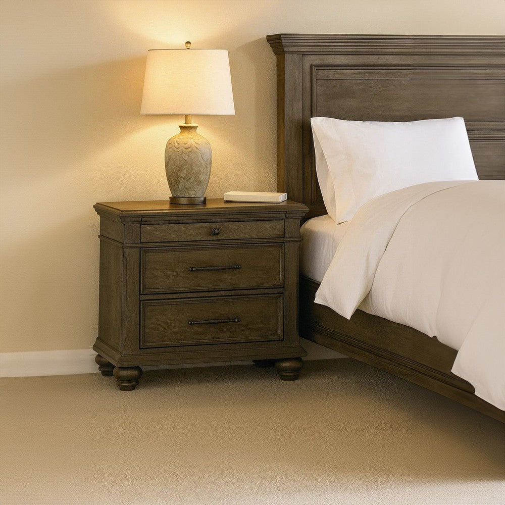 Benjara Zea Nightstand for Bedroom, 3 Drawers, Transitional Aged Oak Brown