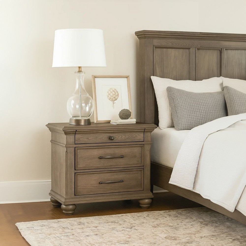 Benjara Zea Nightstand for Bedroom, 3 Drawers, Transitional Aged Oak Brown