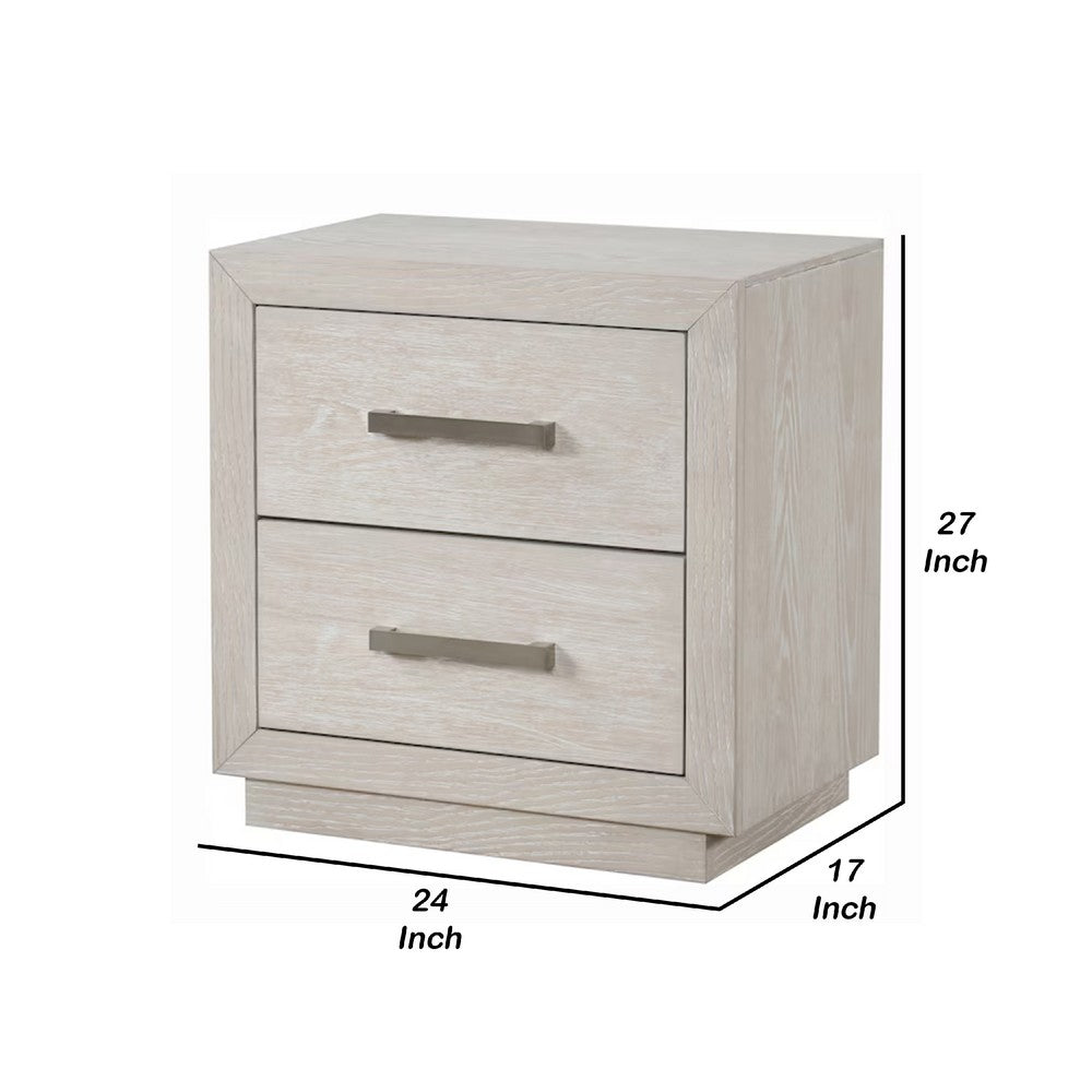 Benjara Kexa Nightstand, USB And LED, 2 Drawers Chrome Handles, Light Gray