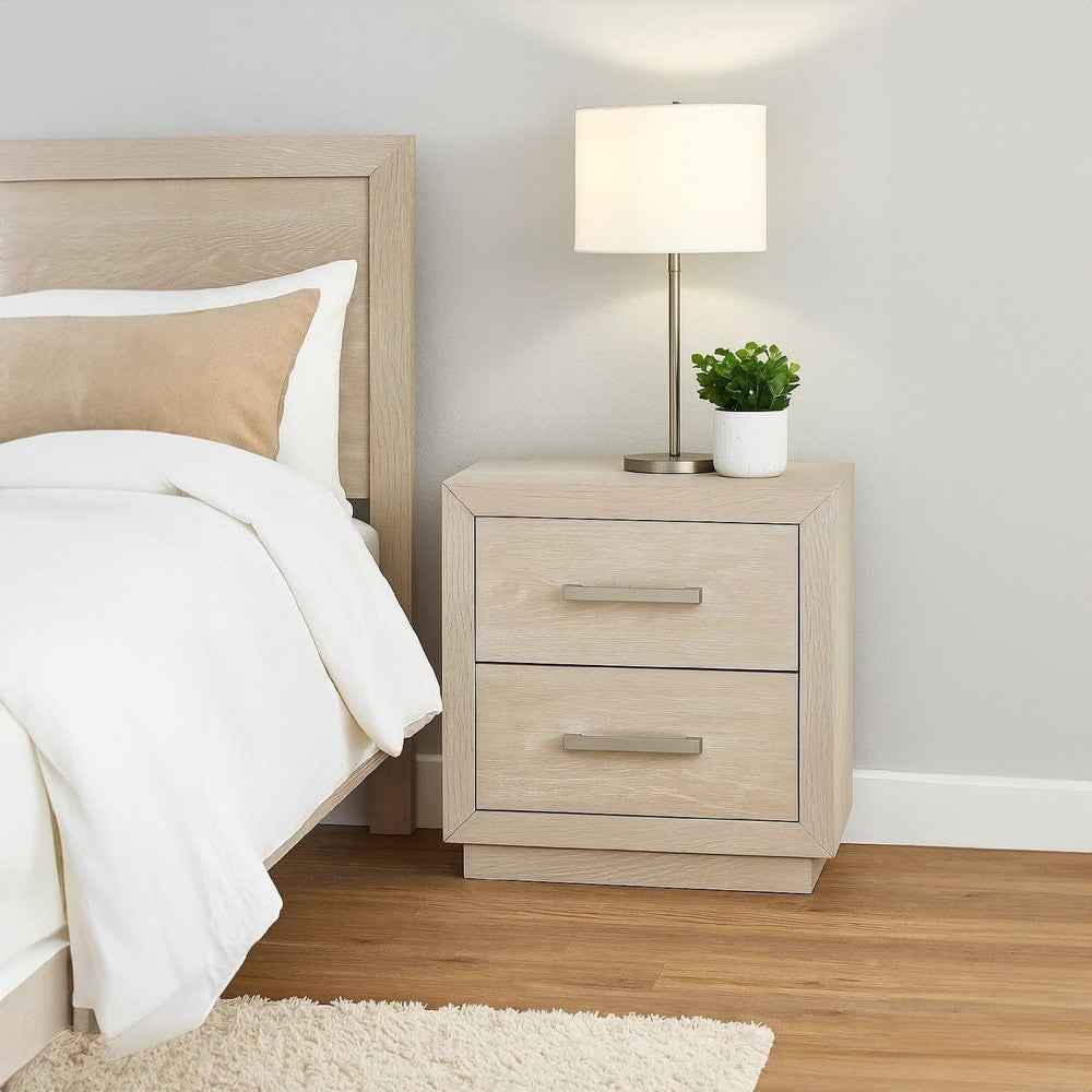Benjara Kexa Nightstand, USB And LED, 2 Drawers Chrome Handles, Light Gray