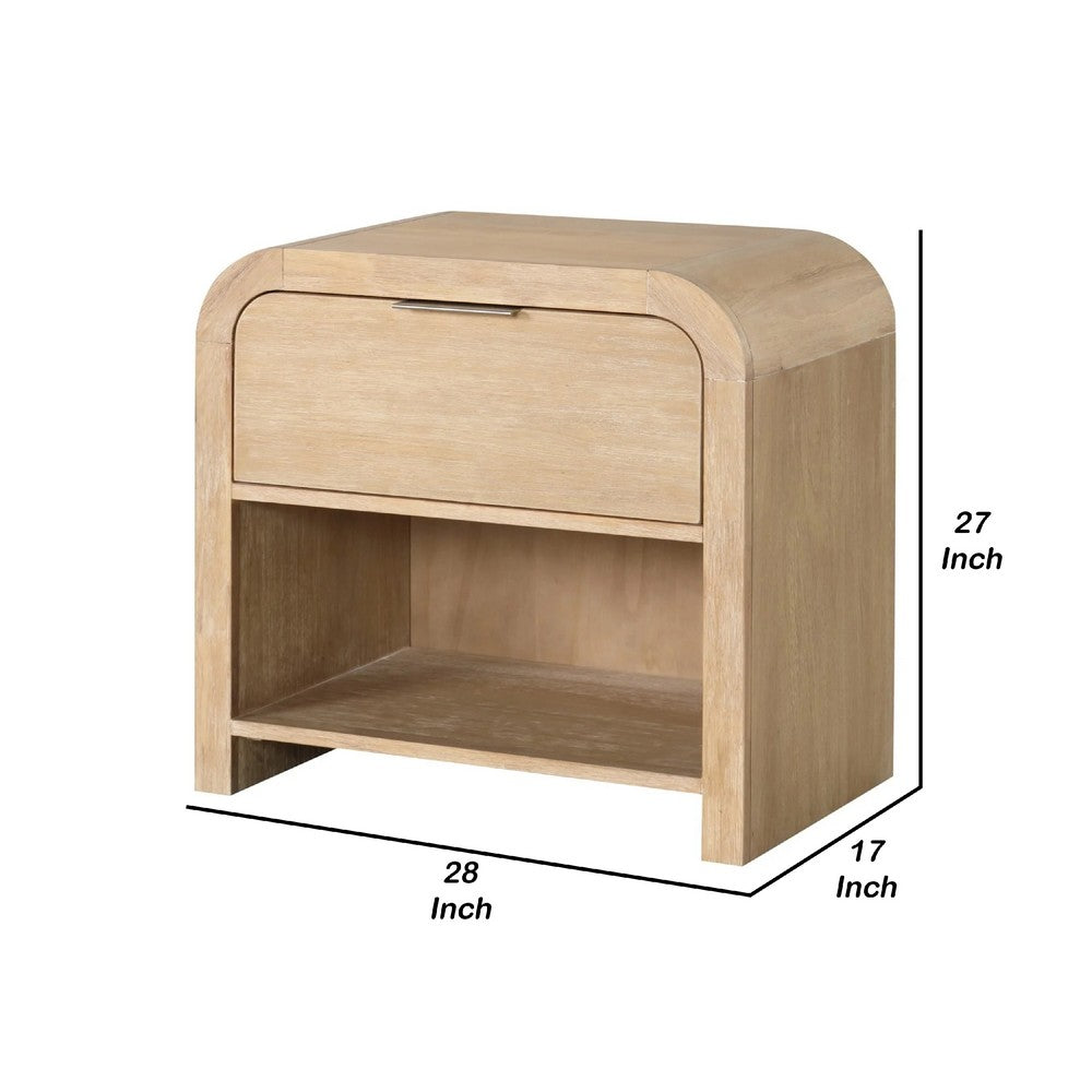 Benjara Rexa Nightstand with 1 Drawer, Metal Finger Pulls, Natural Oak Brown