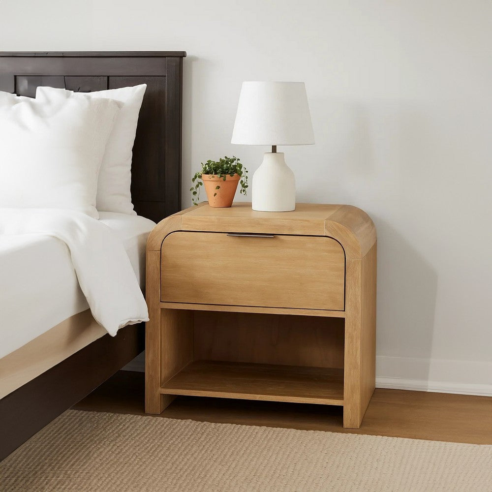 Benjara Rexa Nightstand with 1 Drawer, Metal Finger Pulls, Natural Oak Brown