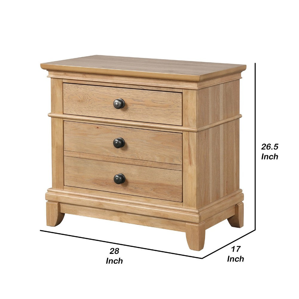Benjara Lexa Nightstand with 3 Drawers, Farmhouse Natural Oak Brown