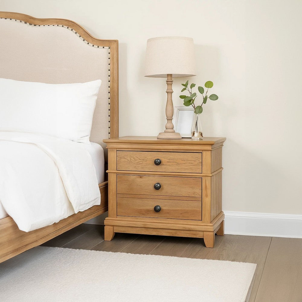 Benjara Lexa Nightstand with 3 Drawers, Farmhouse Natural Oak Brown