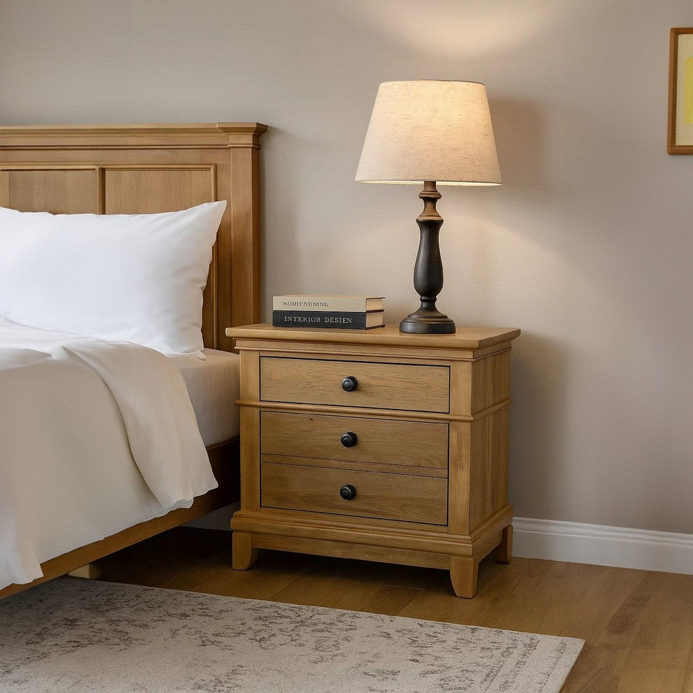 Benjara Lexa Nightstand with 3 Drawers, Farmhouse Natural Oak Brown