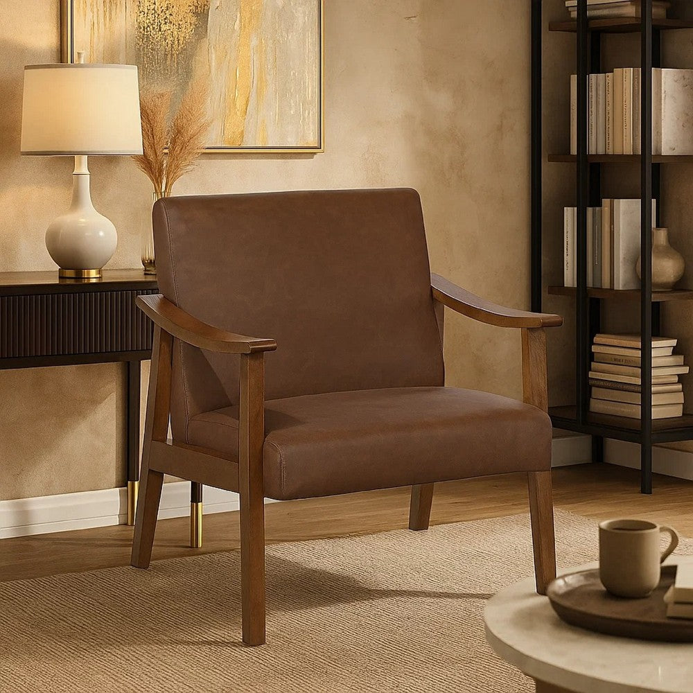 Benjara Onile Classic Accent Chair, Brown Faux Leather, Wood, Foam Cushions