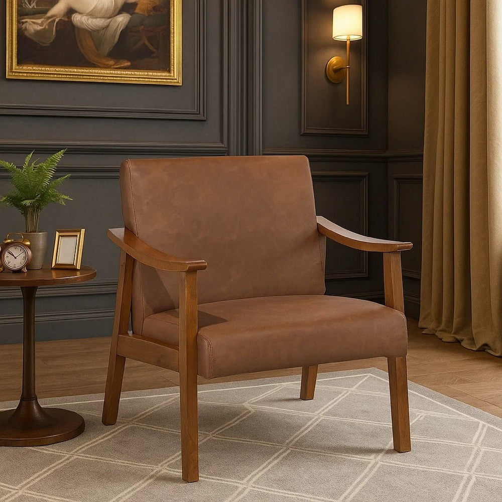 Benjara Onile Classic Accent Chair, Brown Faux Leather, Wood, Foam Cushions
