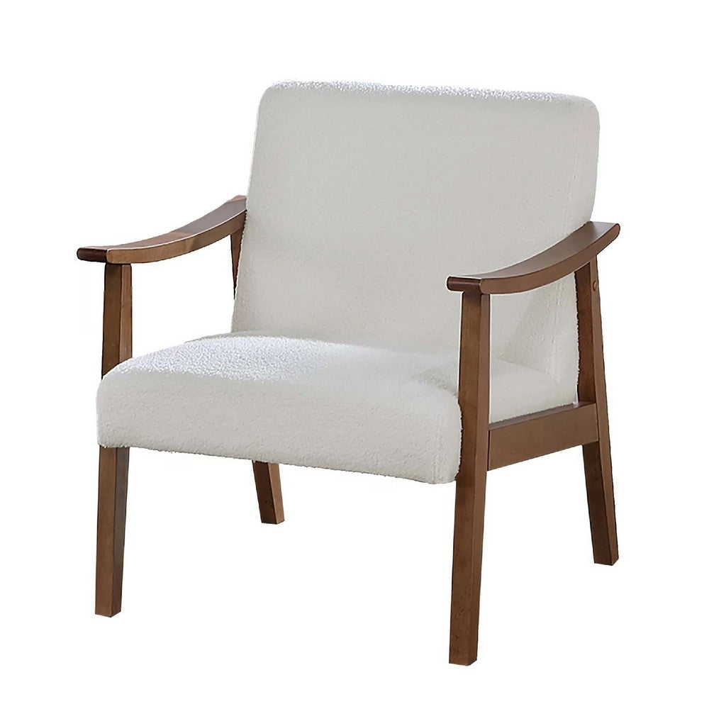 Benjara Onile Classic Accent Chair, White Wool Fabric, Wood, Foam Cushions