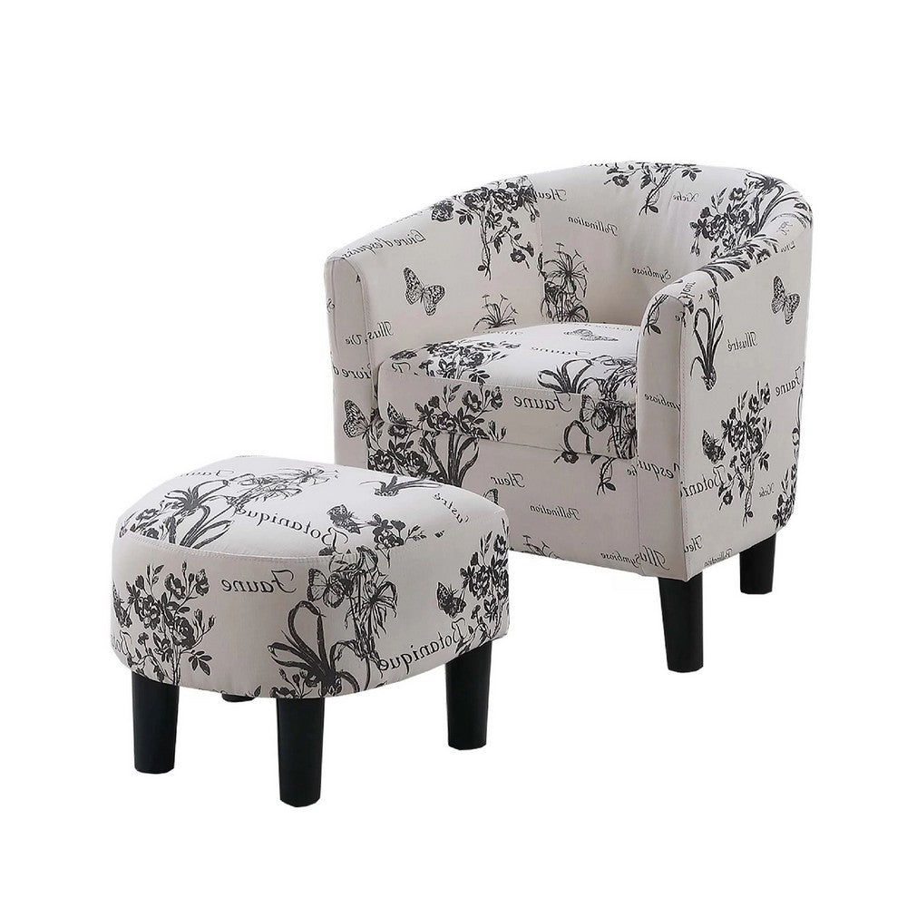 Benjara Beua 2pc Accent Chair And Ottoman Set, White And Black Script Print