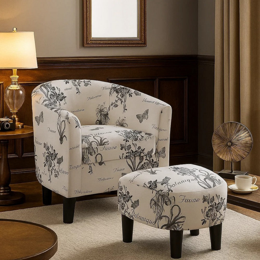 Benjara Beua 2pc Accent Chair And Ottoman Set, White And Black Script Print