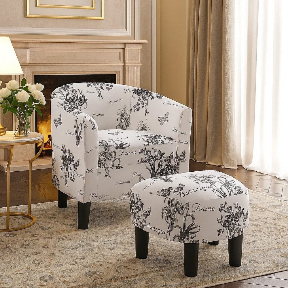 Benjara Beua 2pc Accent Chair And Ottoman Set, White And Black Script Print