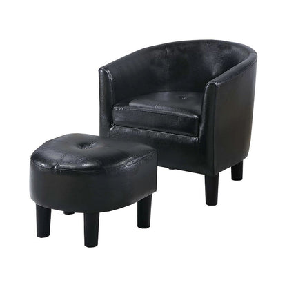 Benjara Beua 2pc Accent Chair And Ottoman Set, Black Faux Leather, Foam Cushions