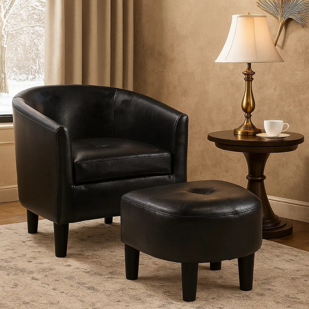 Benjara Beua 2pc Accent Chair And Ottoman Set, Black Faux Leather, Foam Cushions