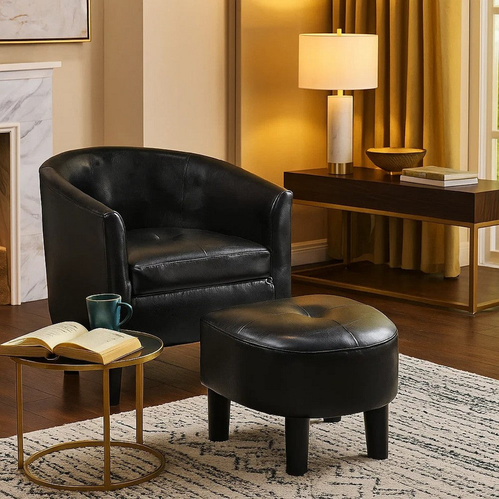 Benjara Beua 2pc Accent Chair And Ottoman Set, Black Faux Leather, Foam Cushions
