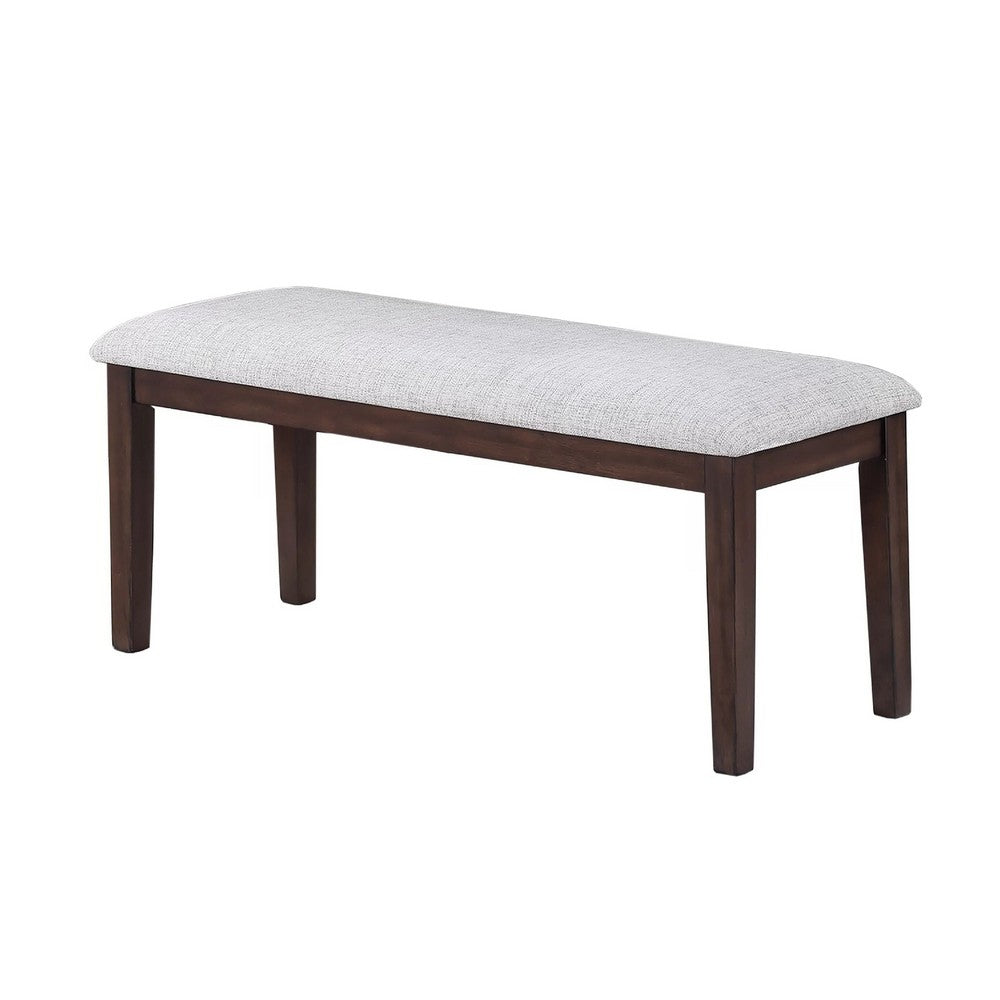 Benjara Dining Bench, White Fabric Walnut Brown Rubberwood, 46 Inch Foam Seat