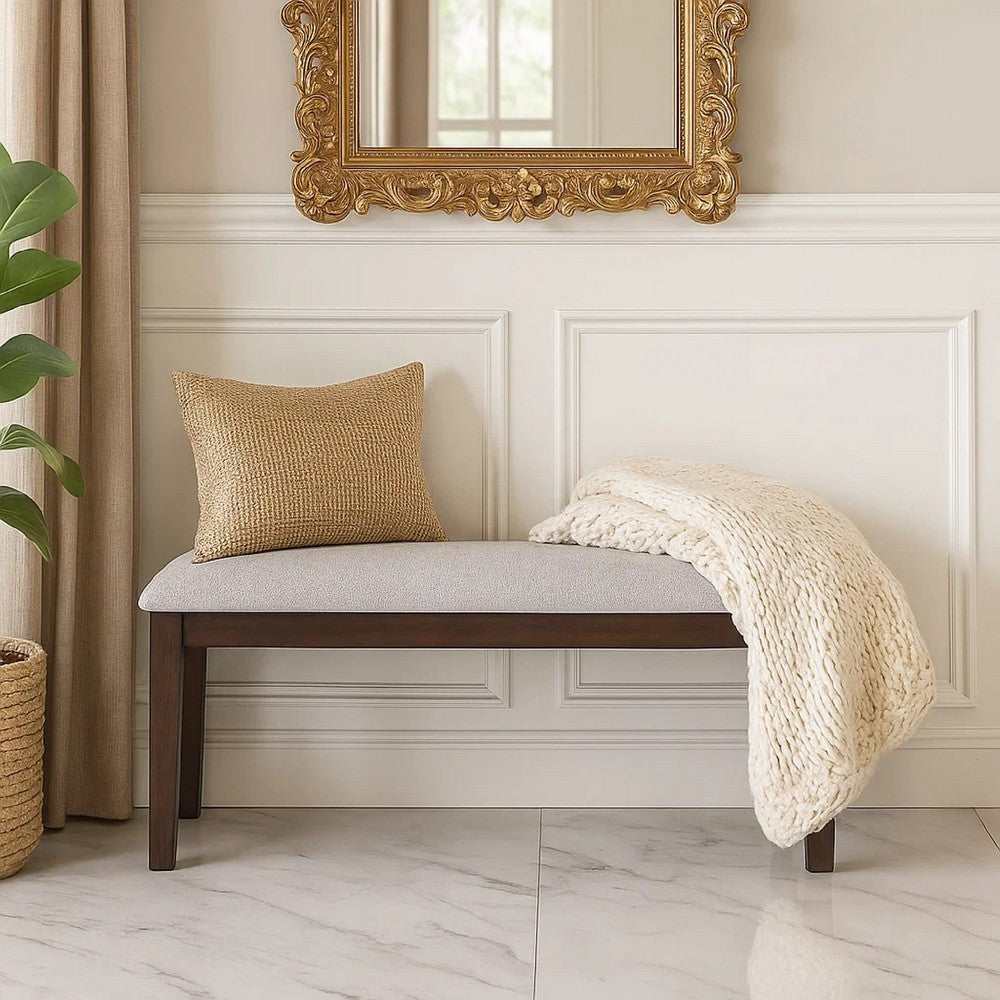 Benjara Dining Bench, White Fabric Walnut Brown Rubberwood, 46 Inch Foam Seat