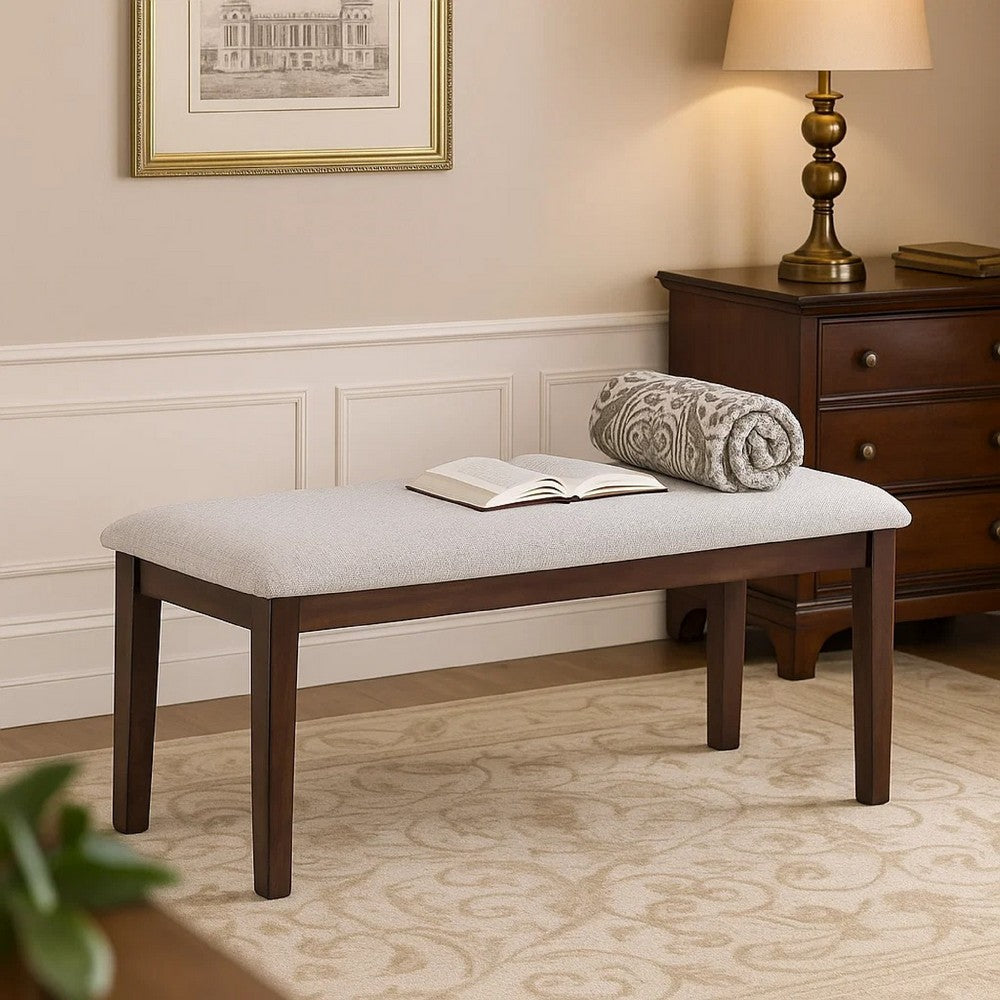 Benjara Dining Bench, White Fabric Walnut Brown Rubberwood, 46 Inch Foam Seat
