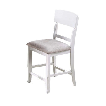 Benjara Keyan Counter Height Chair, Set of 2, Foam Gray Fabric Seat, Antique White Wood